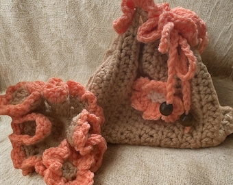 Taupe Drawstring Pouch · Coral Flower