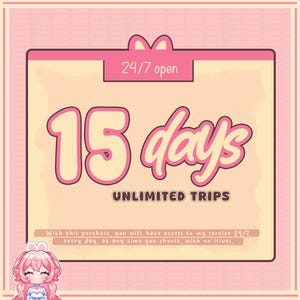 Può includere: Grafica rosa e beige con il testo "24/7 aperto" e "15 giorni VIAGGI ILLIMITATI". L'immagine include un personaggio dei cartoni animati e un messaggio che indica l'accesso al servizio 24/7 tutti i giorni, in qualsiasi momento.