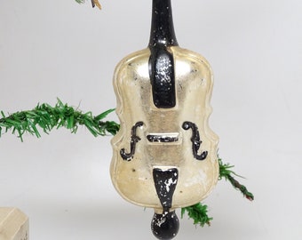 Antique Large German 1930's Mercury Glass Hand Painted Bass Fiddle, Vintage Christmas Tree Ornament