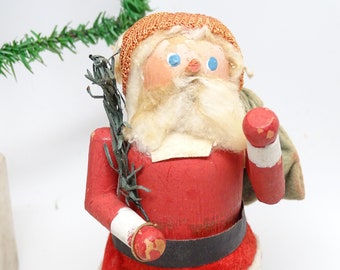 Antique German Wooden Santa with Toy Sack and Faux Feather Tree, Vintage Hand Painted Christmas Toy for Putz or Nativity, Erzgebirge Germany