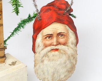 Early 1900's Victorian Large Die Cut and Tinsel Belsnickel Santa Scrap Ornament, Vintage Holiday Decor