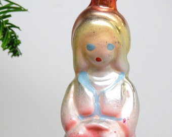 Antique 1940's Mercury Glass Little Red Riding Hood Christmas Tree Ornament, Hand Painted Vintage Retro Nursery Rhyme Decor