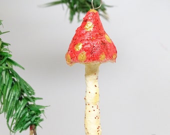 Vintage Czech Hand Made Pulp Paper Mache Mushroom Christmas Tree Ornament, Hand Painted