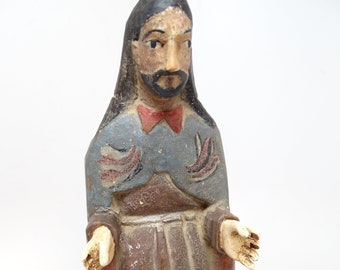 1800's Antique Jesus Polychrome Religious Statue, Santos Hand Carved, Hand Painted for Christmas Putz or Nativity