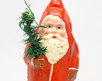 Antique German Belsnickle Santa with Goose Feather Tree,  Vintage Christmas Candy Container