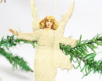 Antique Victorian Angel Die Cut Scrap on Cotton Cloud Christmas Ornament, Vintage Holiday Putti