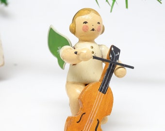 Antique German Erzgebirge Wooden Angel with Wings playing Cello, Vintage KUHNE  Christmas Toy