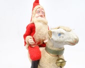 Antique Santa on Sheep with Bell, German Toy for Christmas Putz or Nativity, Hand Painted Clay Face