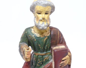 Antique Saint Peter Polychrome Santos with Glass Eyes, Hand Carved Hand Painted, Vintage Religious Folk Art