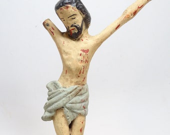 Antique Crucifix Fragment Jesus Christ, Hand Carved Polychrome Santos, Vintage Religious Church Decor