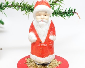 Vintage Bisque Santa Christmas Candy Container, Hand Painted Santa is Attached to Top of Red Cardboard Box, Glitter and Tinsel Trim