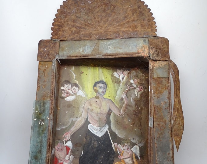 Antique Large Saint Aloysius Gonzaga Hand Painted Retablo in Tin Nicho Altar Shrine, Mexican
