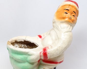Antique 1940's  Large White 8 1/2 Inch Santa Holding Bag Candy Container, Pulp Paper Mache, Hand Painted for Christmas
