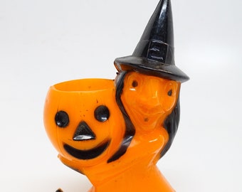 Vintage 1950's Halloween Candy Container, Rosbro Witch Holding a Jack-o-lantern, Antique Retro Decor