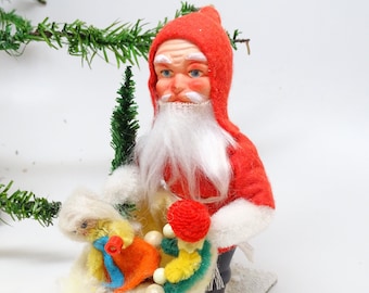 Vintage 1950's German Santa with Faux Feather Christmas Tree and Toys, Hand Painted Face, Fur Beard