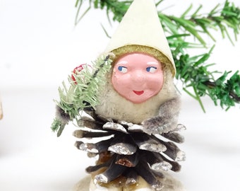 Antique 1950's Santa on Pine Cone with Mushroom & Faux Feather Christmas Tree,  Vintage Retro Holiday Decoration, Original Price