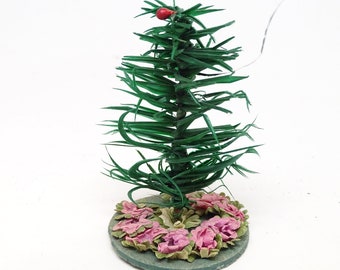 Small 1930's Antique 3 Inch German Feather Christmas Tree, Vintage Goose Feather with Paper Flower Base