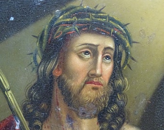 Antique 1800's Retablo, Jesus Christ Wearing Crown of Thorns,  Framed Original Oil Painting on Tin, Vintage Religious Folk Art