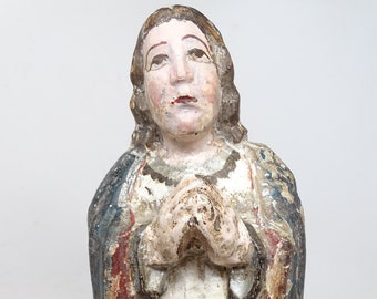 Antique 1800's Saint Mary Santos, Vintage Hand Carved Madonna,  Polychrome Spanish Colonial