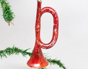 Antique 1930's Mercury Hand Blown Glass Hand Painted Trumpet Horn, Vintage Christmas Tree Ornament