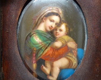 Antique 1800's Hand Painted (AS IS)  Miniature Portrait of Saint Mary with Christ Child Jesus in Hand Carved Wooden Frame, Vintage Painting