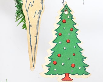 2 Vintage 1950's Cardboard Christmas Tree Ornaments, Tree and Icicle Die Cut Paper, Antique Retro MCM Christmas