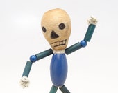 Vintage Halloween Skeleton, Wooden Beads with Spun Cotton Head, Chenille Hands, Retro Toys Day of the Dead