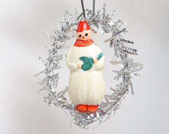 Vintage Snowman in Tinsel Wreath Christmas Ornament, Very Small Retro Decor, MCM