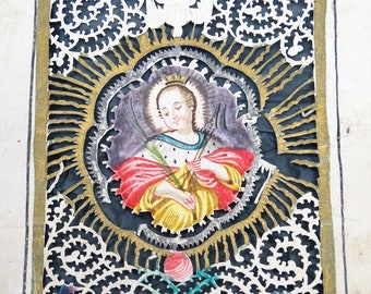 Antique 1800's Scherenschnitte Miniature Portrait Saint Ursula, Hand Cut Scissor Work, Hand Painted German Religious Folk Art