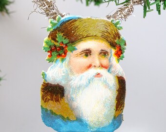 Early 1900's German Die Cut and Tinsel Belsnickel Santa Scrap Ornament, Vintage Holiday Decor