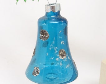 Antique 1940's Hand Blown Unsilvered Glass Christmas Tree Bell Ornament with Glittered Spots, Shiny Brite Made in USA