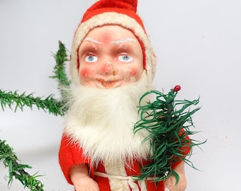 Antique 1940's German SANTA with Fur Beard Hand Painted Face, Feather Tree, Germany U S Zone, Antique Christmas Holiday Decor