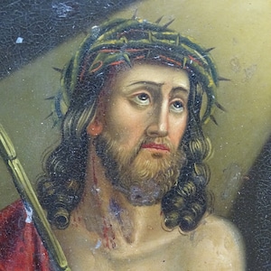 Antique 1800's Retablo, Jesus Christ Wearing Crown of Thorns, Framed Original Oil Painting on Tin, Vintage Religious Folk Art image 1