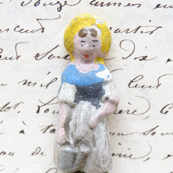 Antique Miniature French Hand Painted Composite Girl or Woman with Watering Can, Vintage Toy  for Putz or Nativity,  Doll House