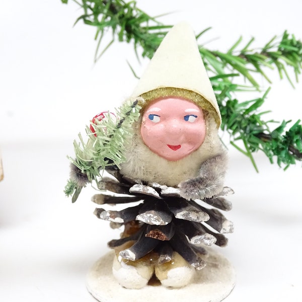 Antique 1950's Santa on Pine Cone with Mushroom & Faux Feather Christmas Tree,  Vintage Retro Holiday Decoration, Original Price