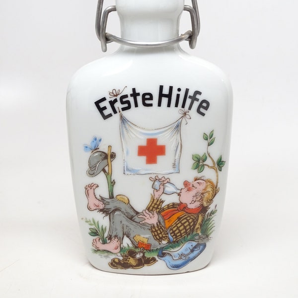 Vintage German First Aid Porcelain Flask,  Erste Hilfe, Cognac Bottle with  Red Cross & Stopper