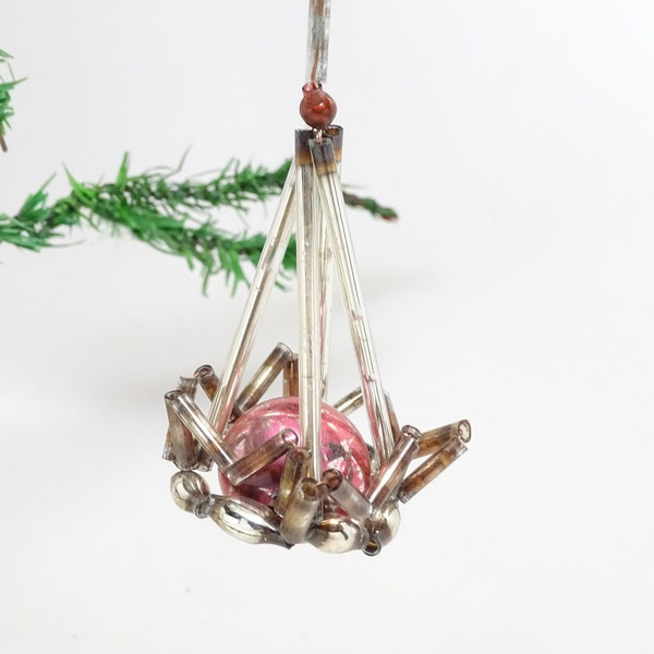 Antique 1940's Czech Mercury Glass Beads Christmas Tree Ornament, Vintage Holiday Decor