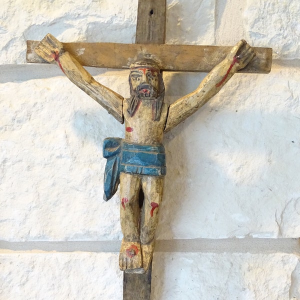 Antique Large Crucifix Jesus Christ on the Cross, Hand Carved Polychrome Santos, Vintage Religious Church Decor