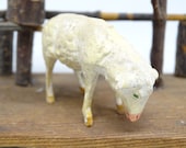 Antique German Composition Sheep with Wooden Stick Legs, Hand Painted Face, for Putz or Christmas Nativity Creche, Vintage Lamb