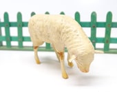 Antique German Composition Sheep with Wooden Stick Legs, Hand Painted Face, for Putz or Christmas Nativity Creche, Vintage Lamb Germany