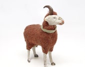 Antique 3 1 4 Inch German Wooly Brown Ram Sheep with Original Collar, Vintage Toy for Putz or Christmas Nativity or Putz, Germany