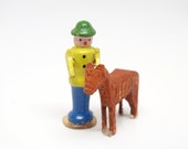 Antique German Wooden Man with Brown Horse, Vintage Hand Painted Miniature Toys for Putz or Nativity, Erzgebirge Germany