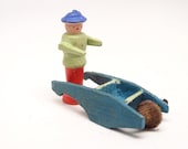 Antique German Wooden Man with Wheelbarrow Cart, Vintage Hand Painted Miniature Toys for Putz or Nativity, Erzgebirge Germany