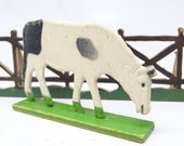 Antique German Wooden Cow on Wood Stand, Hand Painted Stand Up Toy for Christmas Putz or Nativity