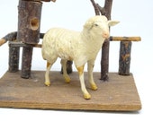 Antique German Composition Sheep with Wooden Stick Legs, Hand Painted Face, for Putz or Christmas Nativity Creche, Vintage Lamb