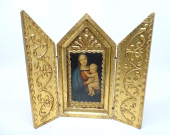 Vintage Italian Florentine Gilt Wood Devotional Triptych  Icon,  The Madonna of the Grand Duke