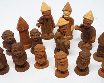 14 Small Antique African Hand Carved Wood Nativity Creche Figures, Cross, Huts, Vintage Christian Religious Santos, Ghana Missionary