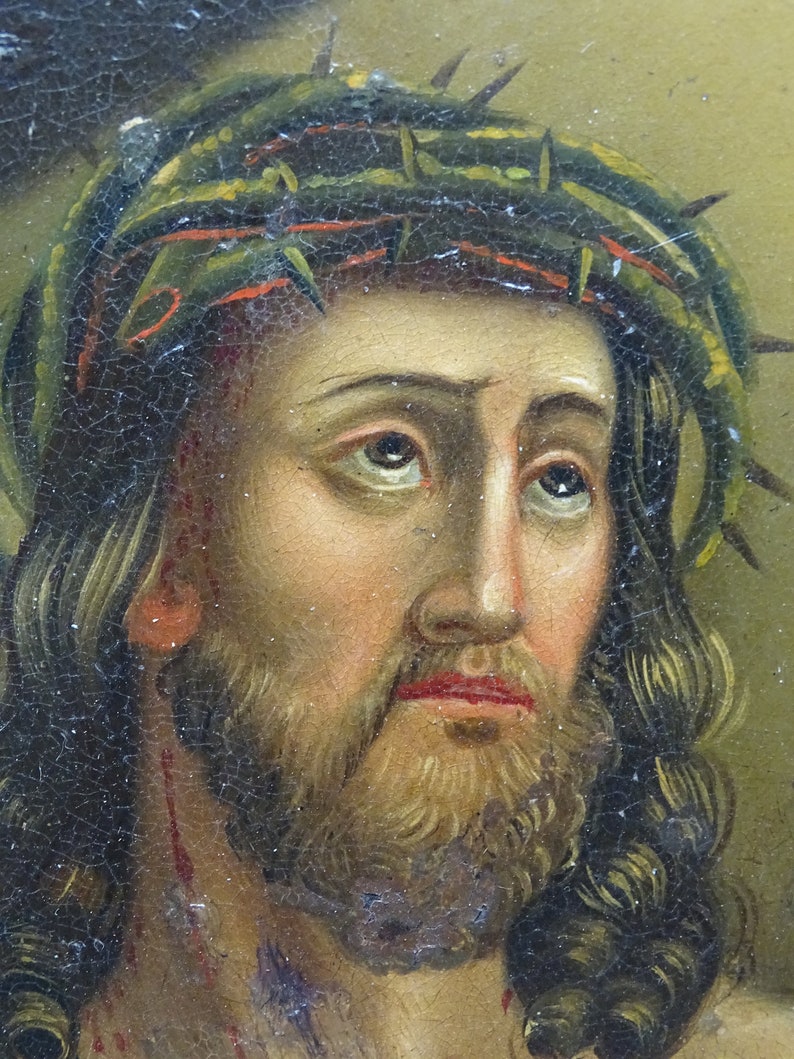 Antique 1800's Retablo, Jesus Christ Wearing Crown of Thorns, Framed Original Oil Painting on Tin, Vintage Religious Folk Art image 2