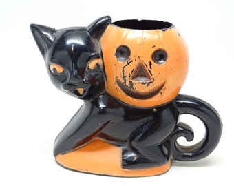 Vintage 1940's Halloween Candy Container, Rosbro Black Cat Holding a Jack-o-lantern, Antique Party Decor