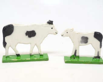 Antique German Wooden Cow and Calf on Wood Stand, Hand Painted Stand Up Toy for Christmas Putz or Nativity